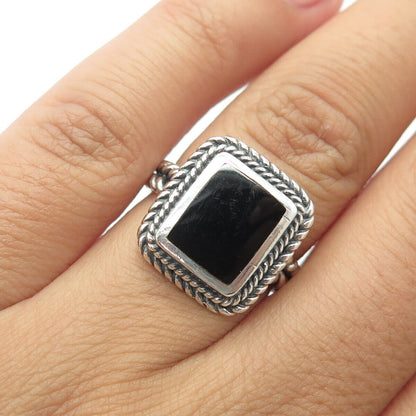 925 Sterling Silver Vintage Real Black Onyx Statement Roped Ring Size 6.25