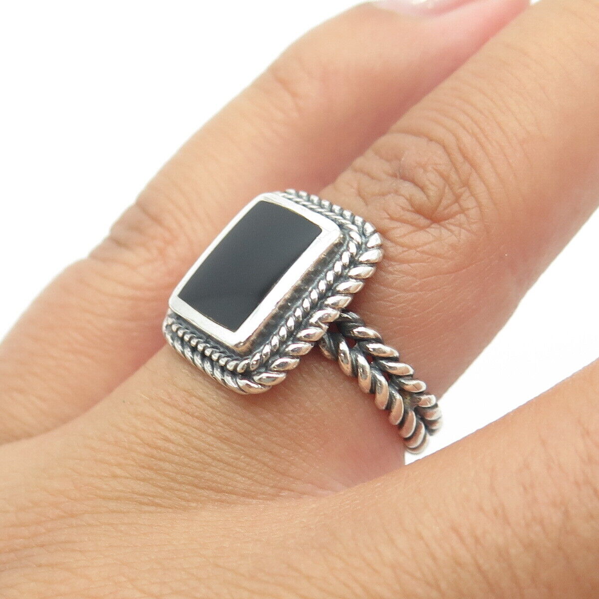 925 Sterling Silver Vintage Real Black Onyx Statement Roped Ring Size 6.25