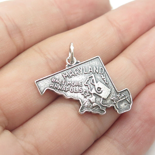 925 Sterling Silver Vintage Bell Trading Post Maryland Map Charm Pendant