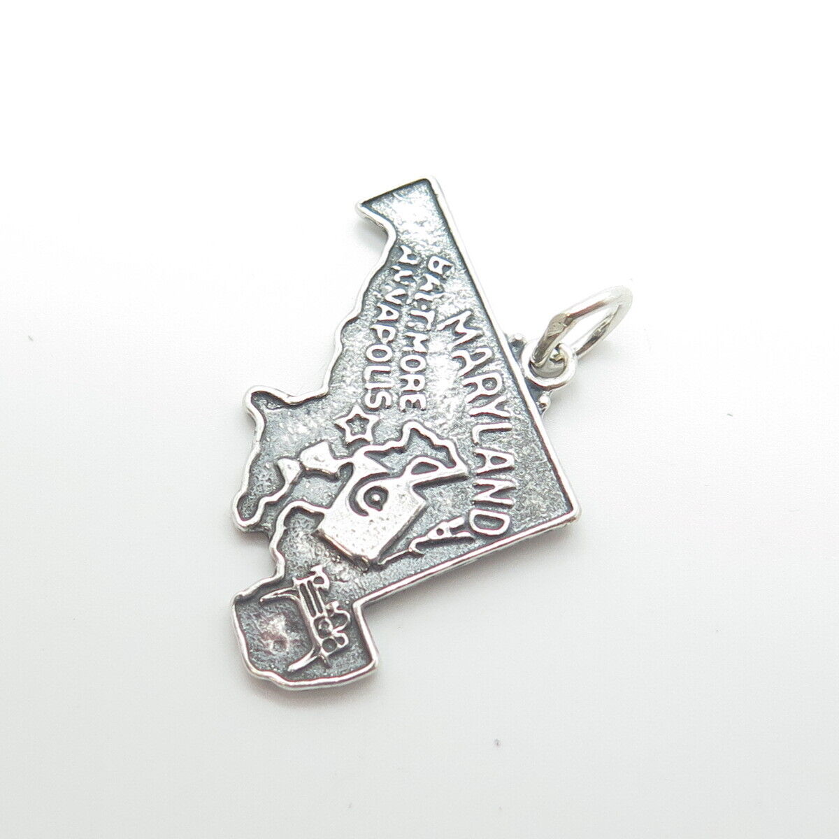 925 Sterling Silver Vintage Bell Trading Post Maryland Map Charm Pendant