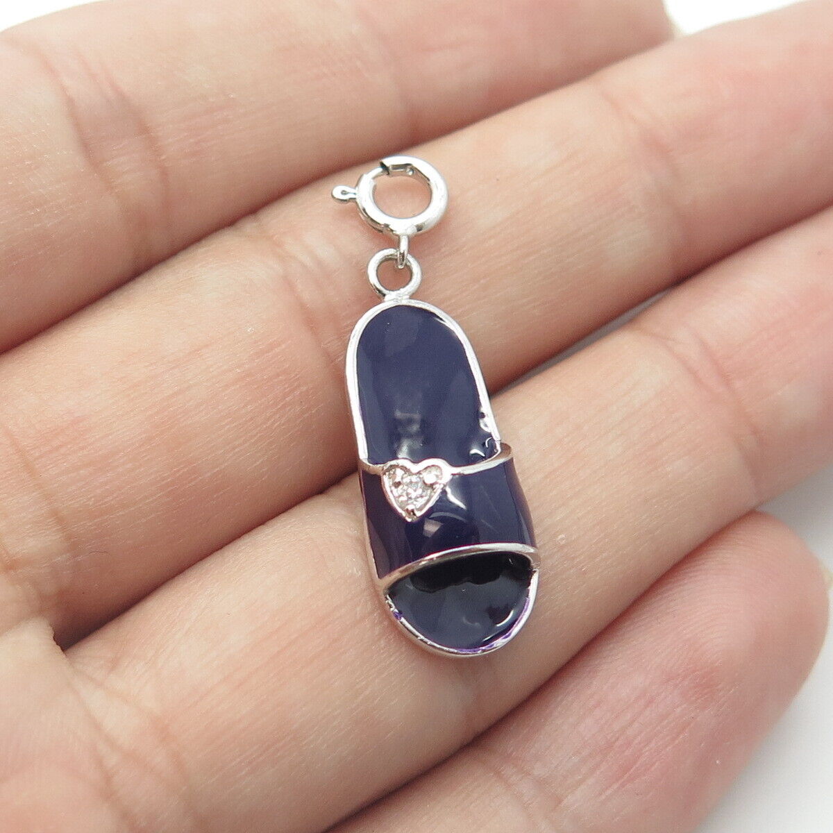 925 Sterling Silver C Z & Enamel Slipper Charm Pendant