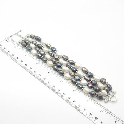 925 Sterling Silver Vintage 64.3g Real Pearl Tennis Link Heavy Bracelet 7.75"