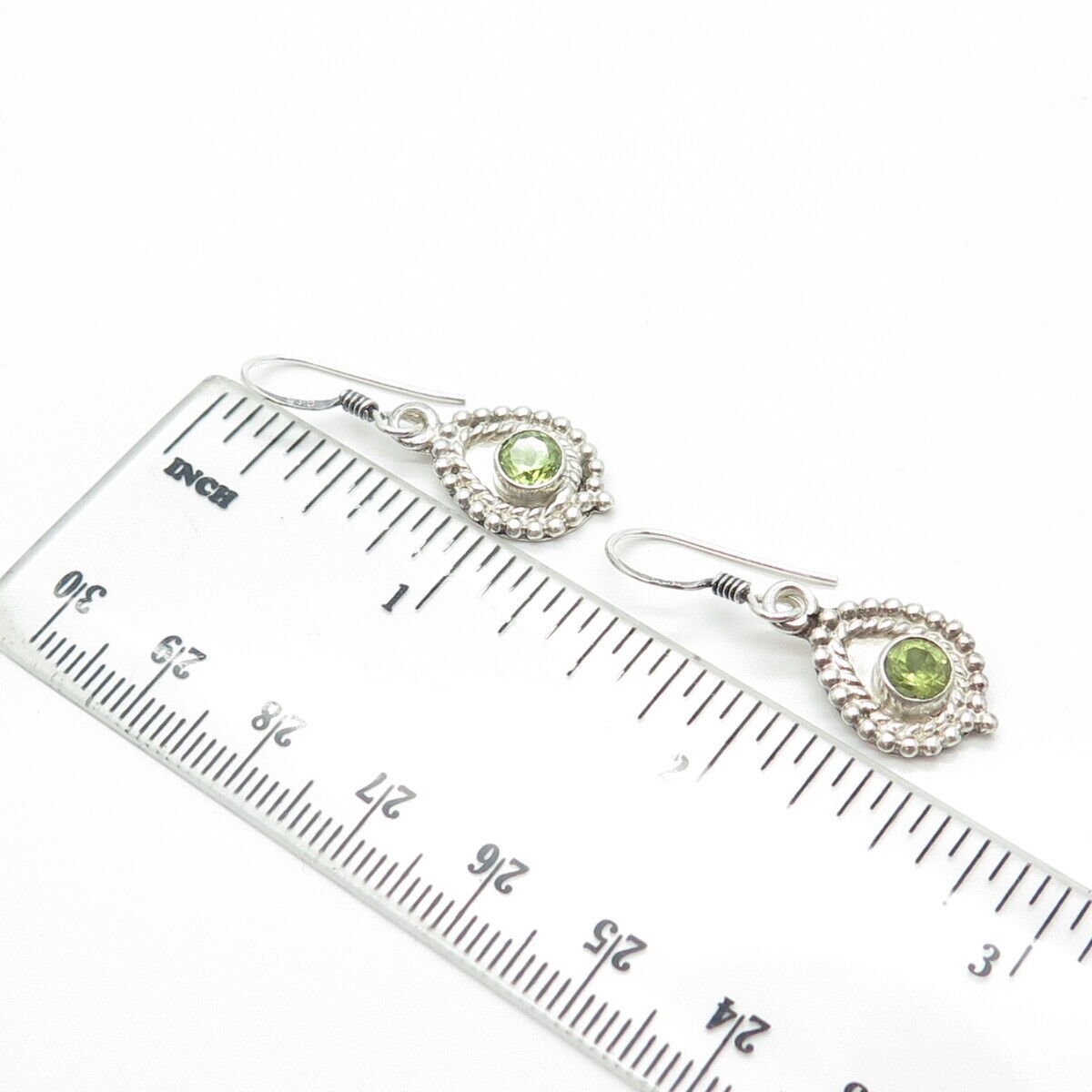 925 Sterling Silver Vintage Real Round-Cut Shaped Peridot Gem Drop Earrings