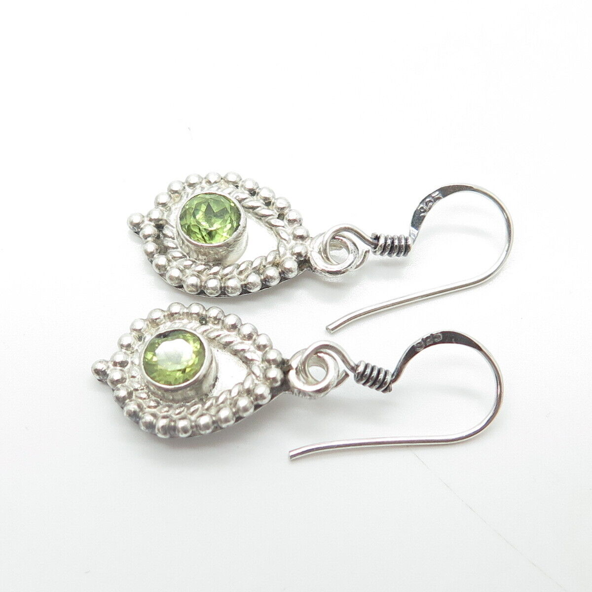 925 Sterling Silver Vintage Real Round-Cut Shaped Peridot Gem Drop Earrings