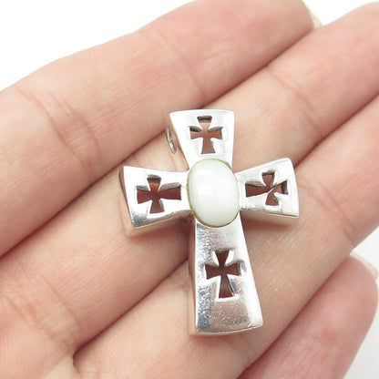 925 Sterling Silver Vintage Real Mother-of-Pearl Cross Slide Pendant