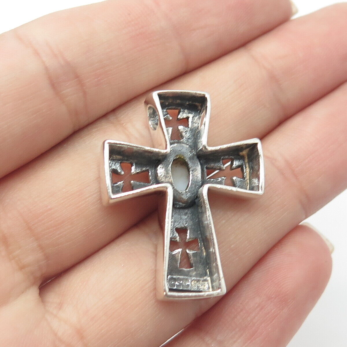 925 Sterling Silver Vintage Real Mother-of-Pearl Cross Slide Pendant