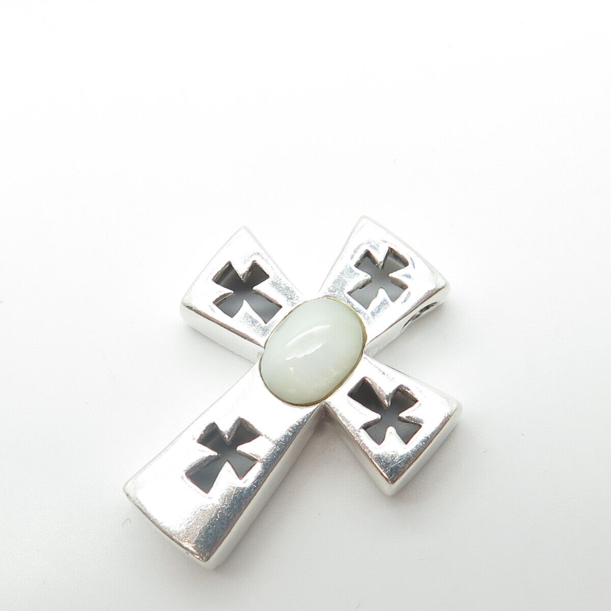 925 Sterling Silver Vintage Real Mother-of-Pearl Cross Slide Pendant