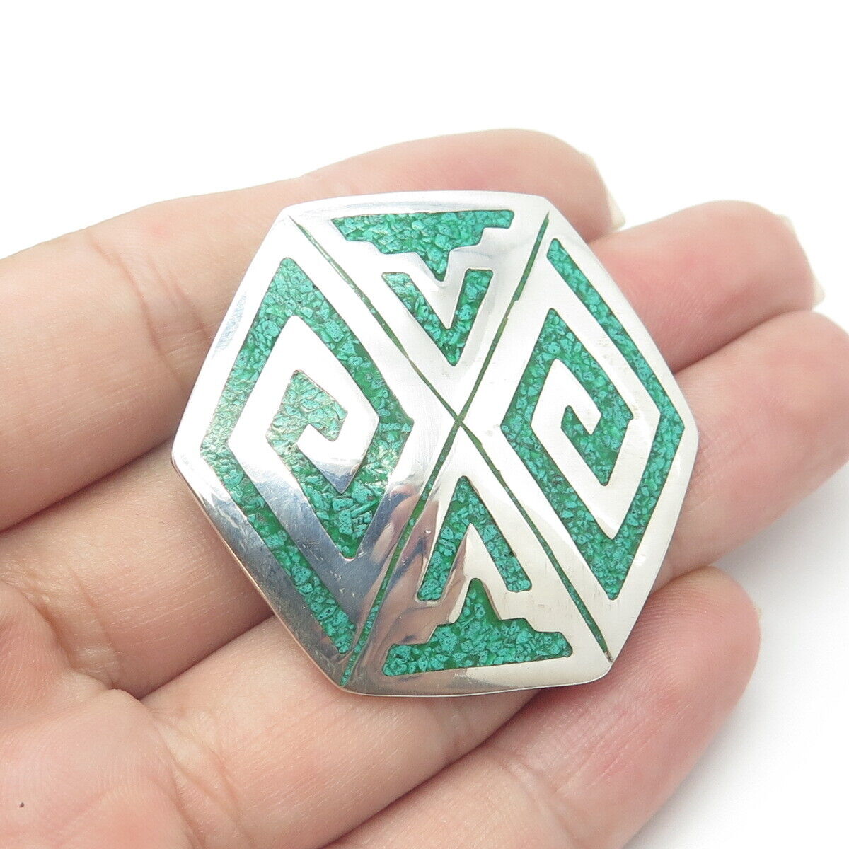 925 Sterling Silver Vintage Mexico Real Turquoise Inlay Tribal Symbol Pin Brooch