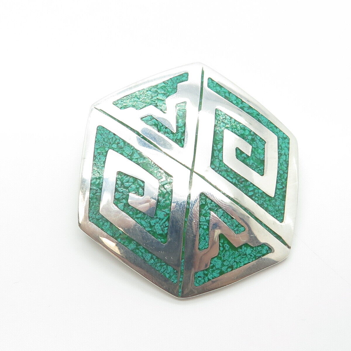 925 Sterling Silver Vintage Mexico Real Turquoise Inlay Tribal Symbol Pin Brooch