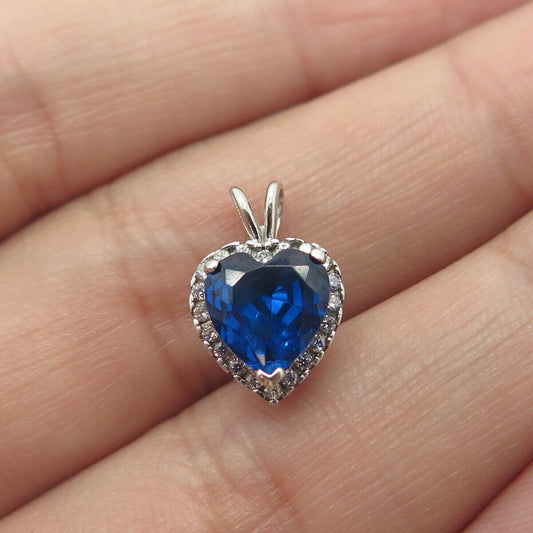 925 Sterling Silver Heart-Cut Shaped Blue & White C Z Charm Pendant