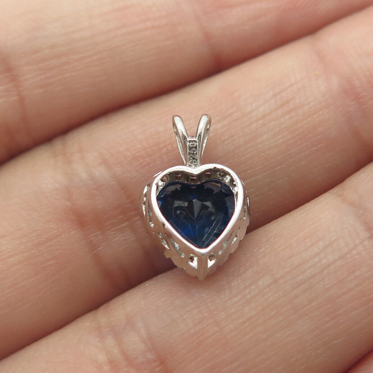 925 Sterling Silver Heart-Cut Shaped Blue & White C Z Charm Pendant