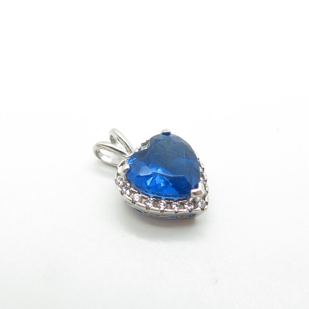 925 Sterling Silver Heart-Cut Shaped Blue & White C Z Charm Pendant