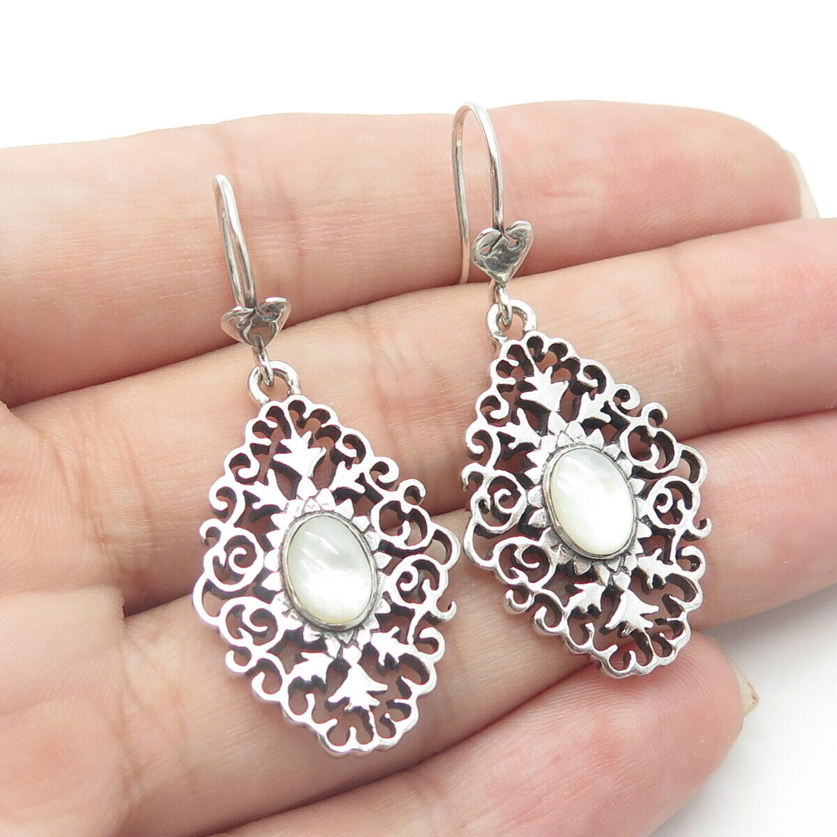 925 Sterling Silver Vintage Real Mother-Of-Pearl Swirl Floral Drop Earrings