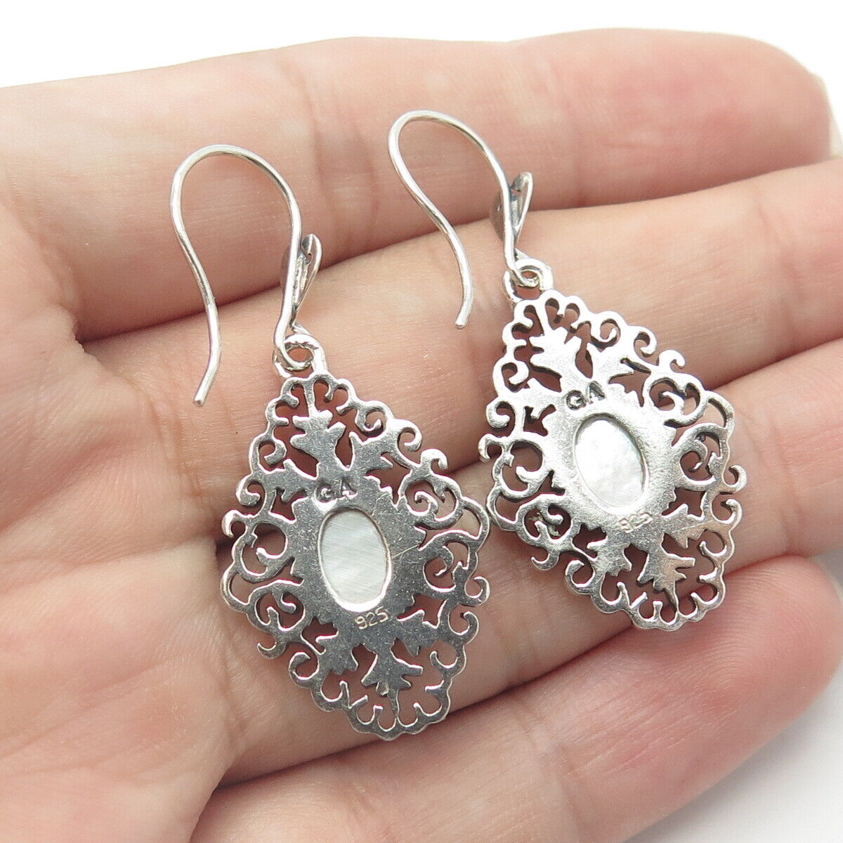 925 Sterling Silver Vintage Real Mother-Of-Pearl Swirl Floral Drop Earrings