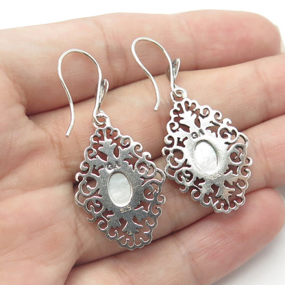 925 Sterling Silver Vintage Real Mother-Of-Pearl Swirl Floral Drop Earrings