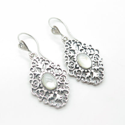 925 Sterling Silver Vintage Real Mother-Of-Pearl Swirl Floral Drop Earrings