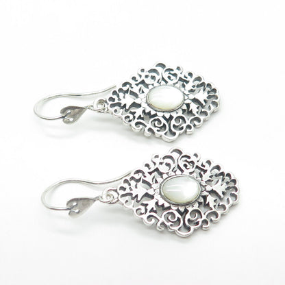 925 Sterling Silver Vintage Real Mother-Of-Pearl Swirl Floral Drop Earrings