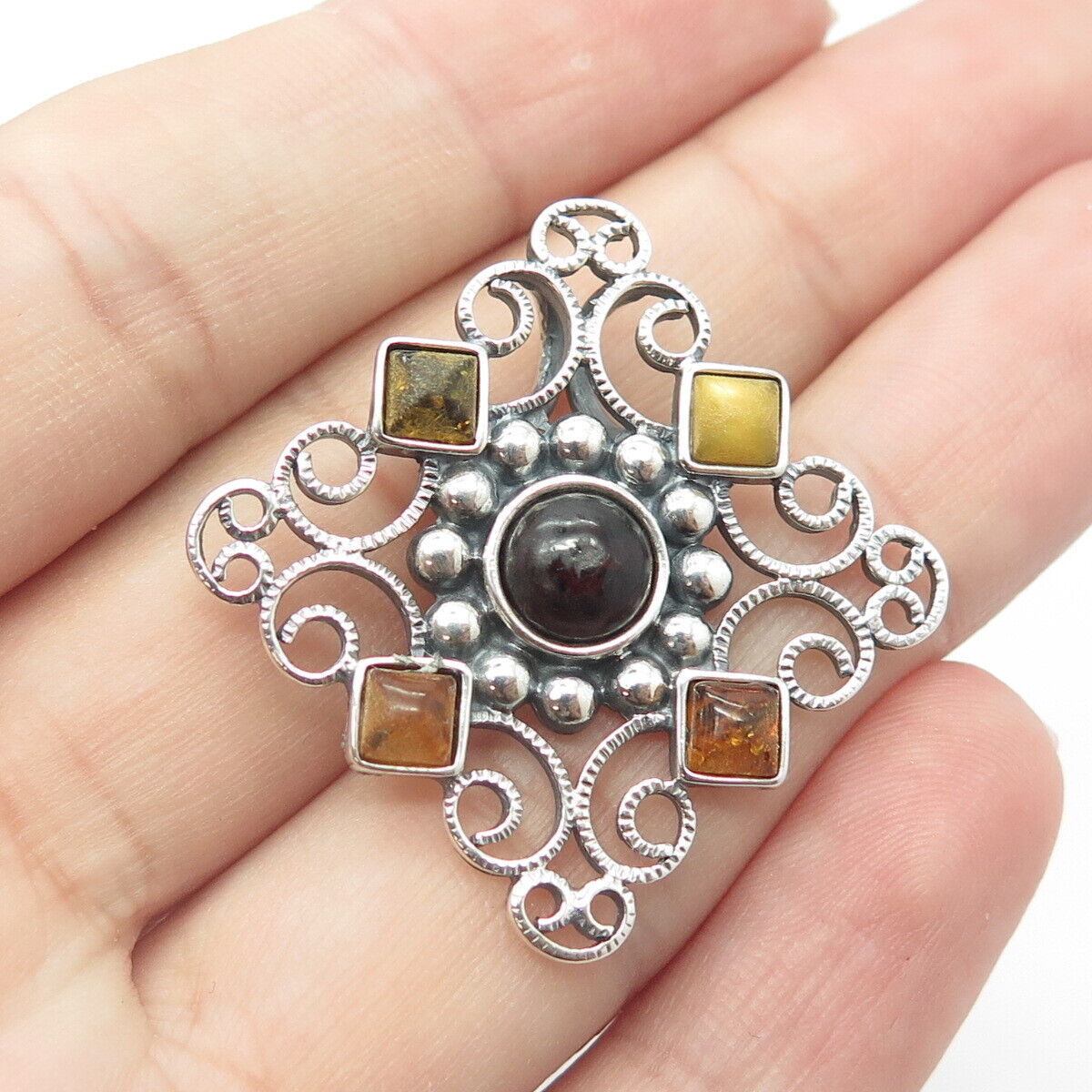 925 Sterling Silver Vintage Poland Real Amethyst & Amber Swirl Cross Pendant