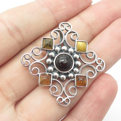 925 Sterling Silver Vintage Poland Real Amethyst & Amber Swirl Cross Pendant