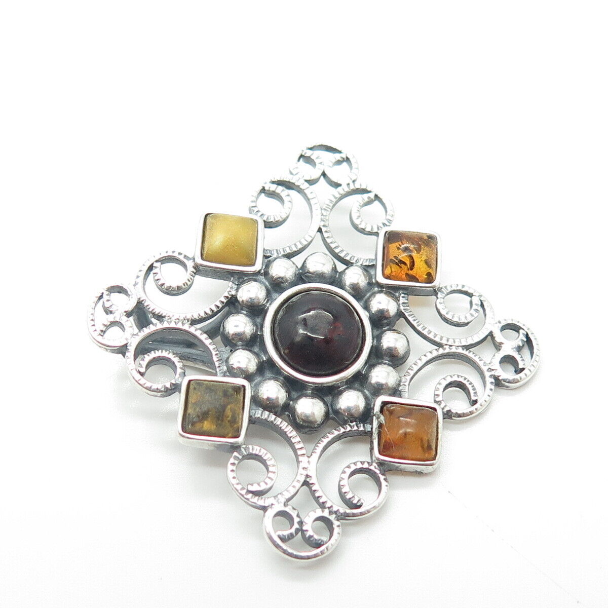 925 Sterling Silver Vintage Poland Real Amethyst & Amber Swirl Cross Pendant