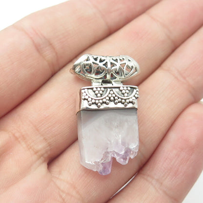 925 Sterling Silver Vintage Real Amethyst Gem Granulated Centerpiece Pendant