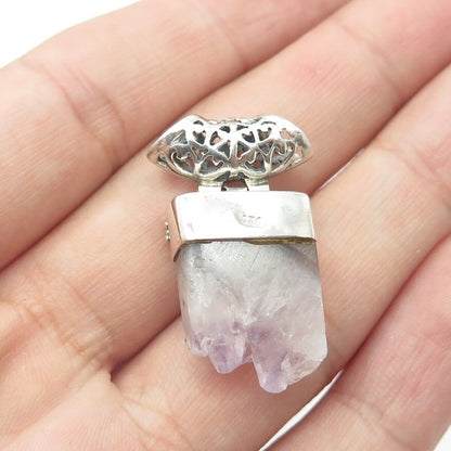 925 Sterling Silver Vintage Real Amethyst Gem Granulated Centerpiece Pendant