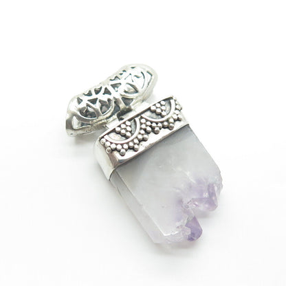 925 Sterling Silver Vintage Real Amethyst Gem Granulated Centerpiece Pendant