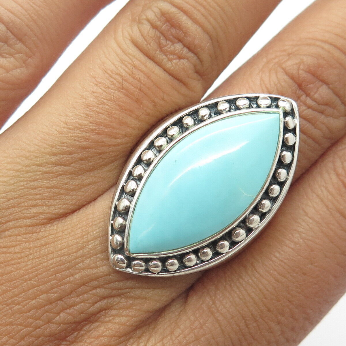 925 Sterling Silver Vintage Real Turquoise Gem Dotted Statement Ring Size 8