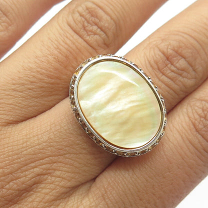 925 Sterling Silver Vintage Real Mother-Of-Pearl & Citrine Statement Ring Size 8