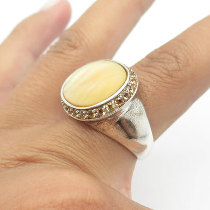 925 Sterling Silver Vintage Real Mother-Of-Pearl & Citrine Statement Ring Size 8