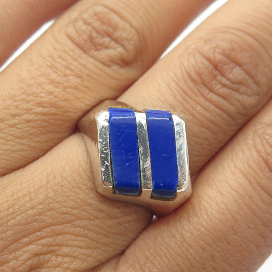 925 Sterling Silver Vintage Mexico Real Lapis Lazuli Gem Modernist Ring Size 8