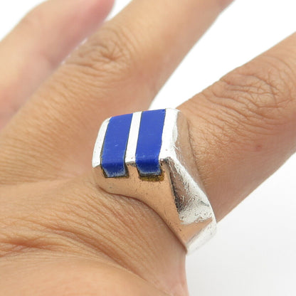 925 Sterling Silver Vintage Mexico Real Lapis Lazuli Gem Modernist Ring Size 8