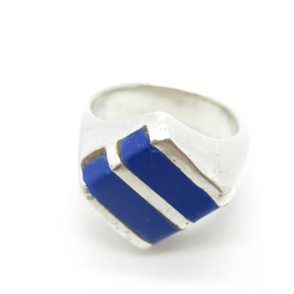 925 Sterling Silver Vintage Mexico Real Lapis Lazuli Gem Modernist Ring Size 8