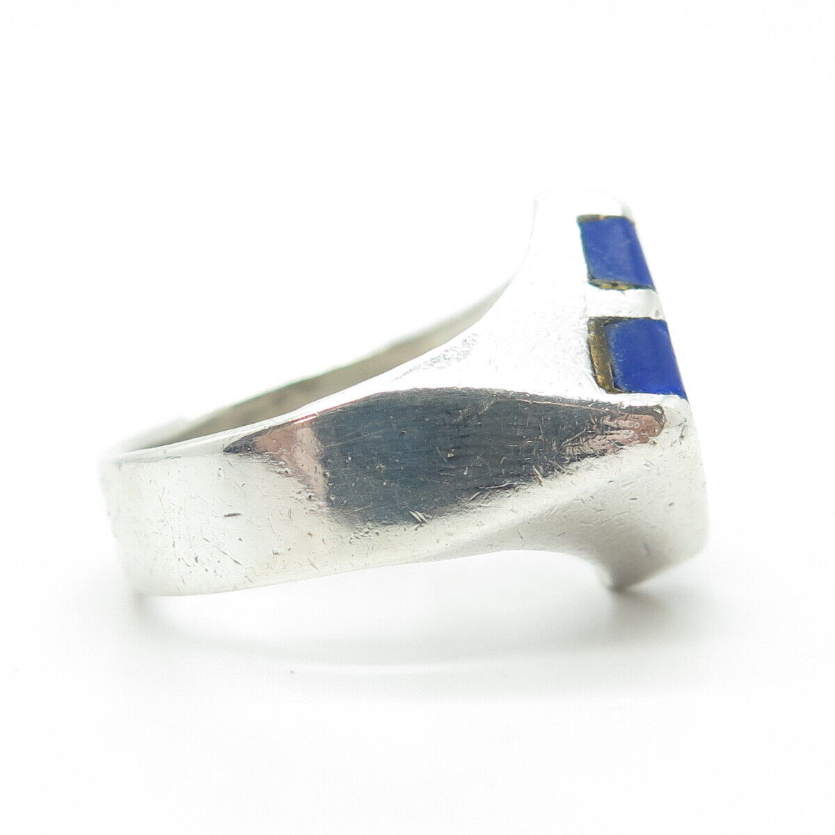 925 Sterling Silver Vintage Mexico Real Lapis Lazuli Gem Modernist Ring Size 8