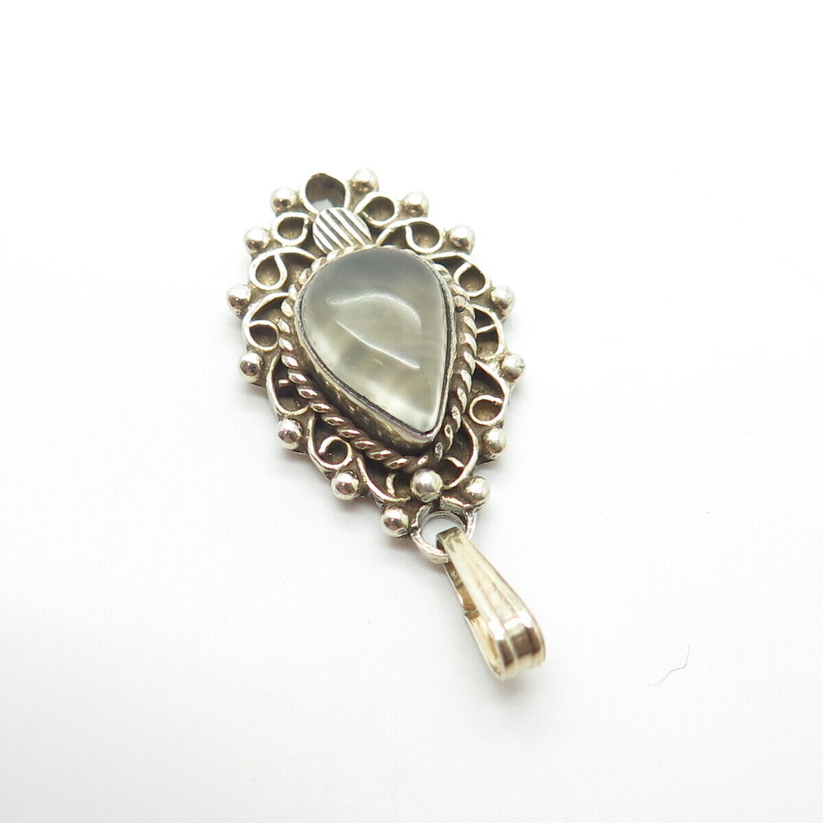 925 Sterling Silver GP Vintage Real Pear-Cut Shaped Clear Quartz Floral Pendant