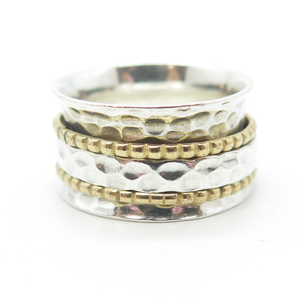 925 Sterling Silver 2-Tone Vintage Hammered Dotted Rotating Wide Ring Size 8