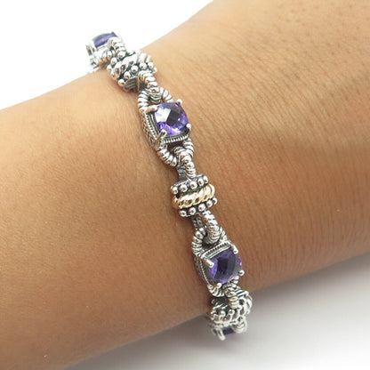 925 Sterling Silver / 14K Gold Vintage Real Amethyst Gem Tennis Link Bracelet 7"