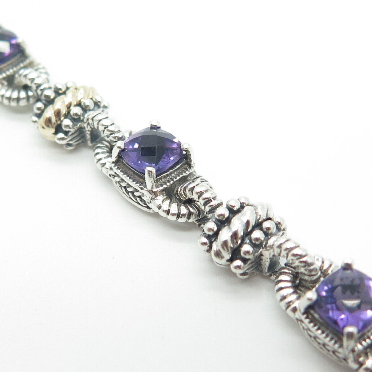 925 Sterling Silver / 14K Gold Vintage Real Amethyst Gem Tennis Link Bracelet 7"