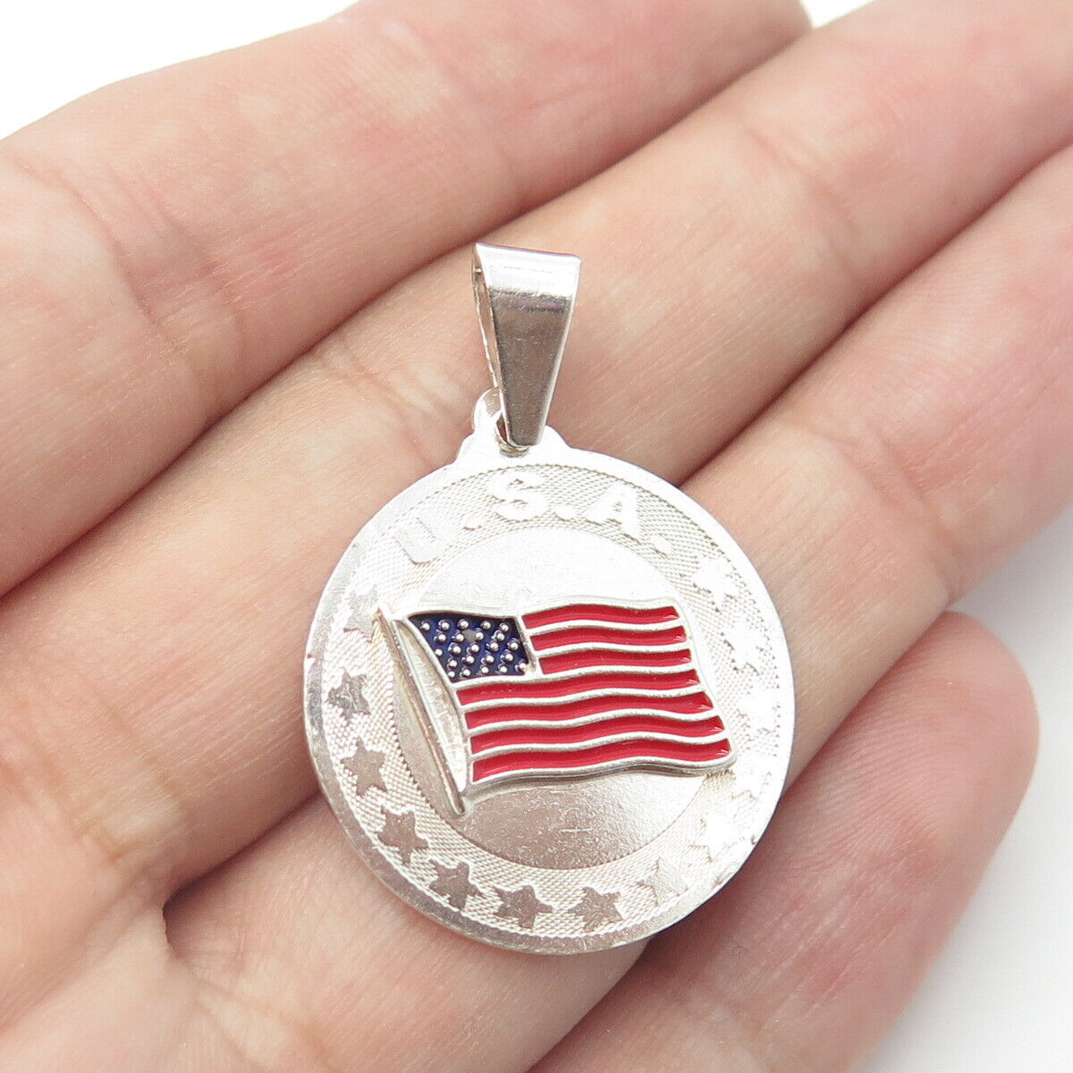 925 Sterling Silver Vintage Enamel United States Flag Round Pendant