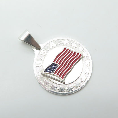 925 Sterling Silver Vintage Enamel United States Flag Round Pendant