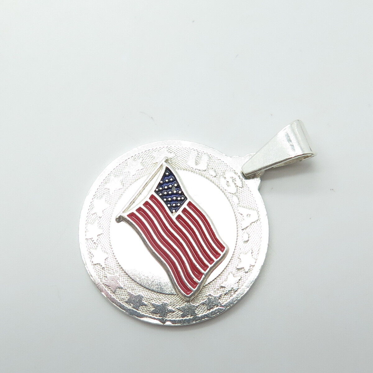 925 Sterling Silver Vintage Enamel United States Flag Round Pendant