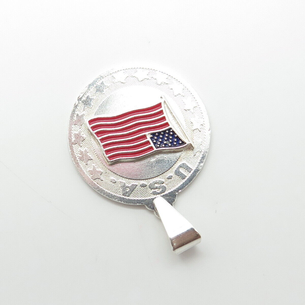 925 Sterling Silver Vintage Enamel United States Flag Round Pendant