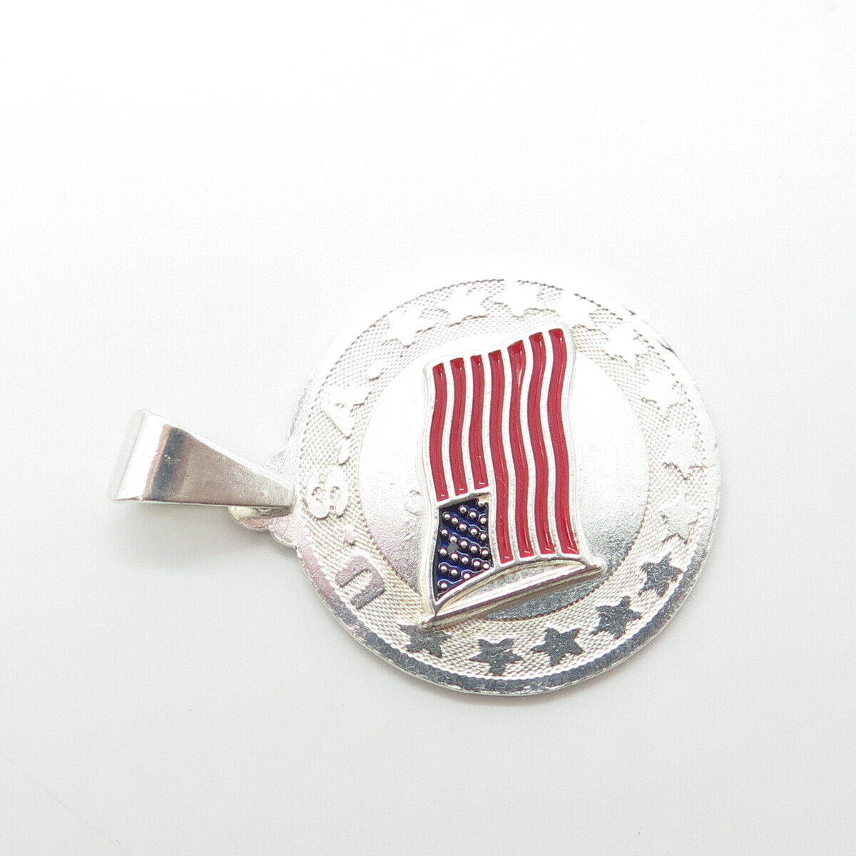 925 Sterling Silver Vintage Enamel United States Flag Round Pendant