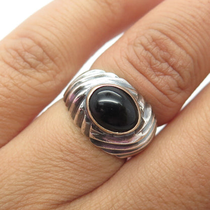 925 Sterling Silver & 14K Gold Vintage Real Cabochon Black Onyx Ring Size 5.25