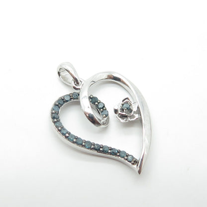 925 Sterling Silver Real Fancy Blue Diamond Rose Open Heart Pendant