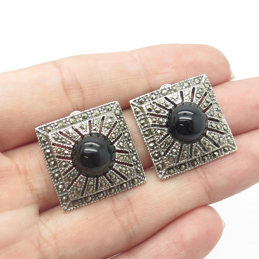 925 Sterling Silver Vintage Real Black Onyx & Marcasite Victorian Style Earrings