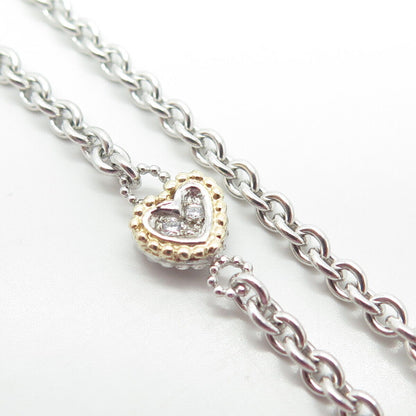 925 Sterling Silver & 14K Gold Vintage C Z Heart Station Rolo Chain Necklace 18"