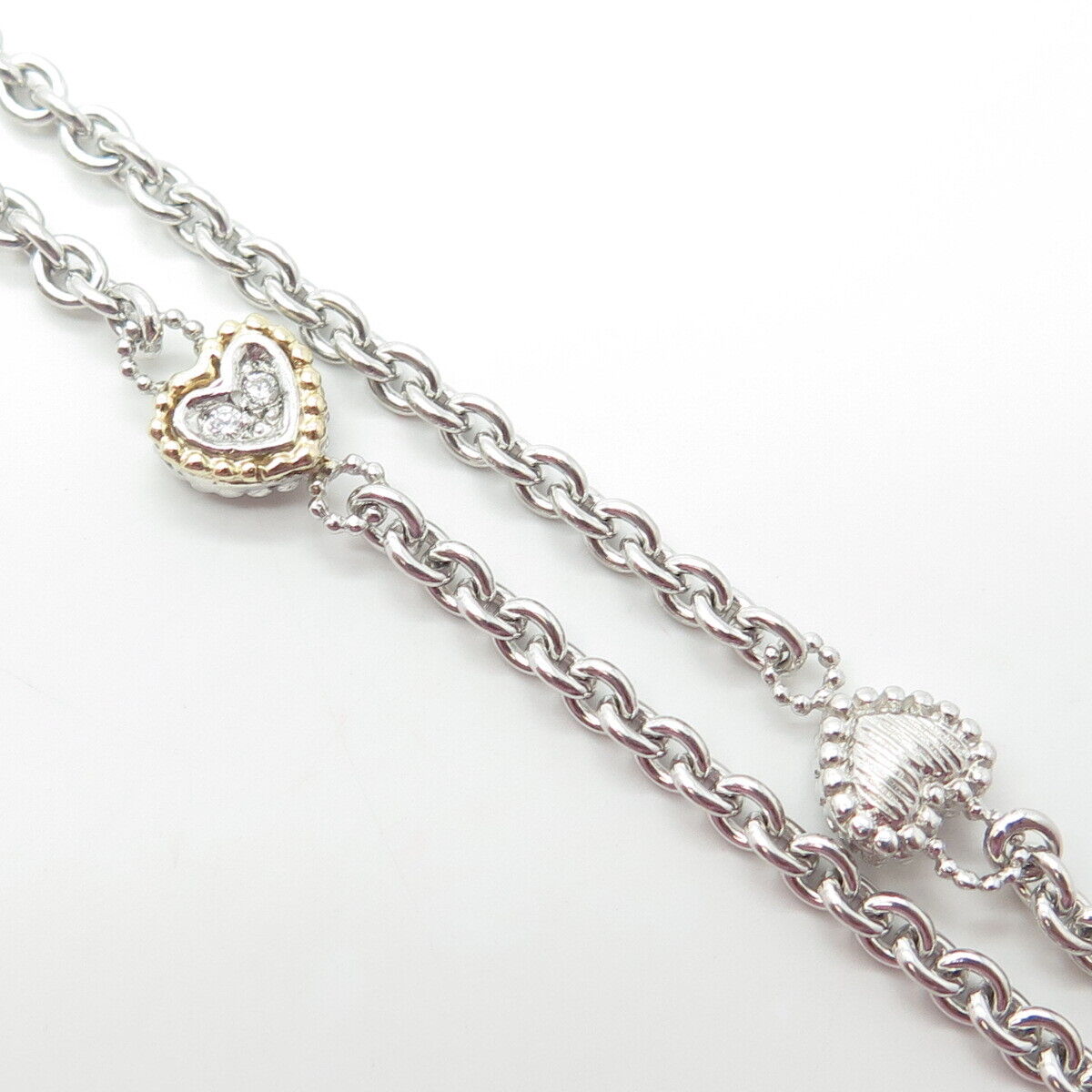 925 Sterling Silver & 14K Gold Vintage C Z Heart Station Rolo Chain Necklace 18"