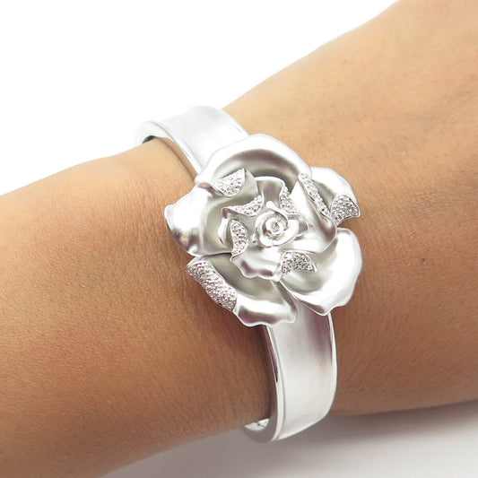 925 Sterling Silver Real Diamond Floral Blossom Cuff Bracelet 7"