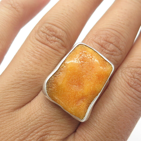 925 Sterling Silver Vintage Real Amber Modernist Statement Ring Size 8